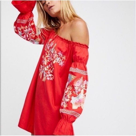Free People Dresses & Skirts - Free People Fleur Du Jour Floral Embroidered Red Off-Shoulder Mini Dress